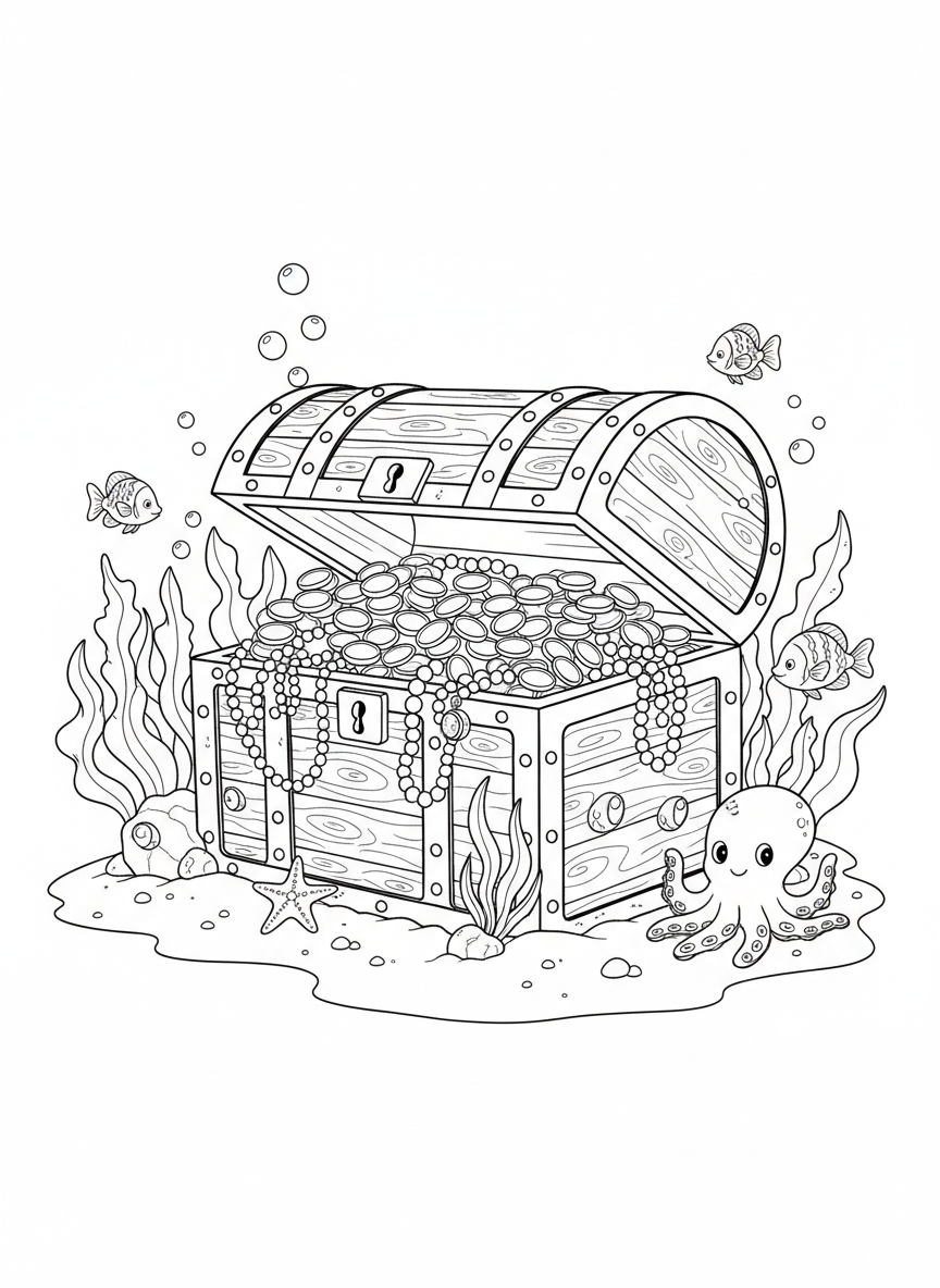 Coloring page: Sunken treasure chest on the sea floor.