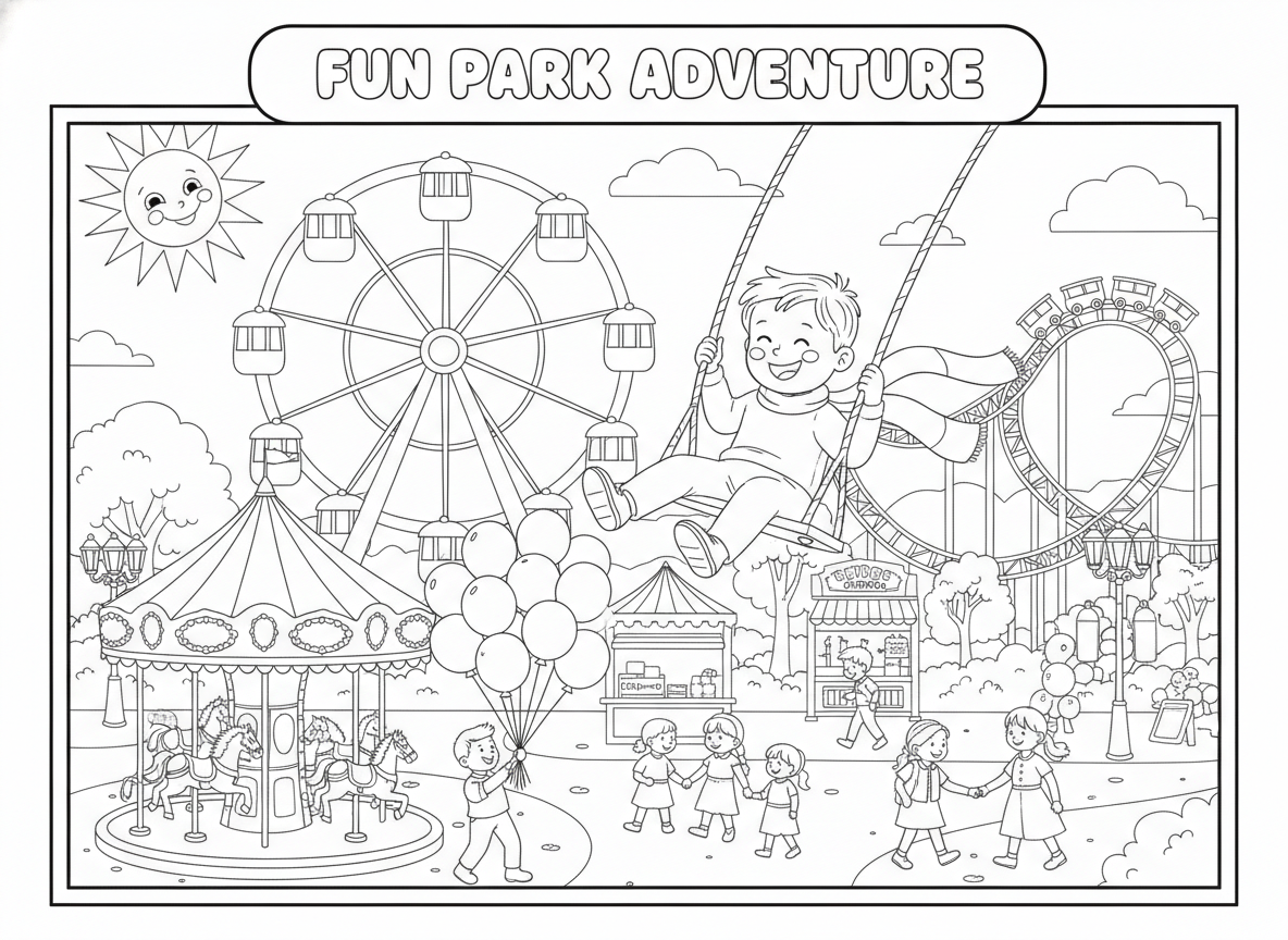 Coloring page: 一个小朋友在游乐园玩耍