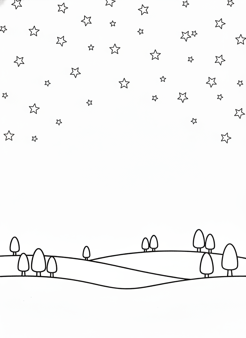 Coloring page: a night sky with stars (edited: delete the moon only stars and landscape) (edited: add lots of stars)