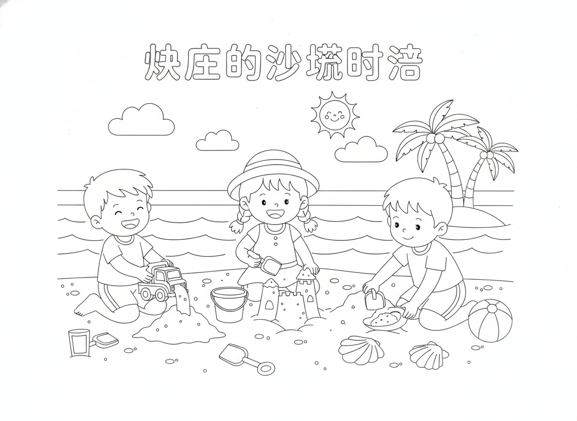 Coloring page: 小朋友们在沙滩玩沙子