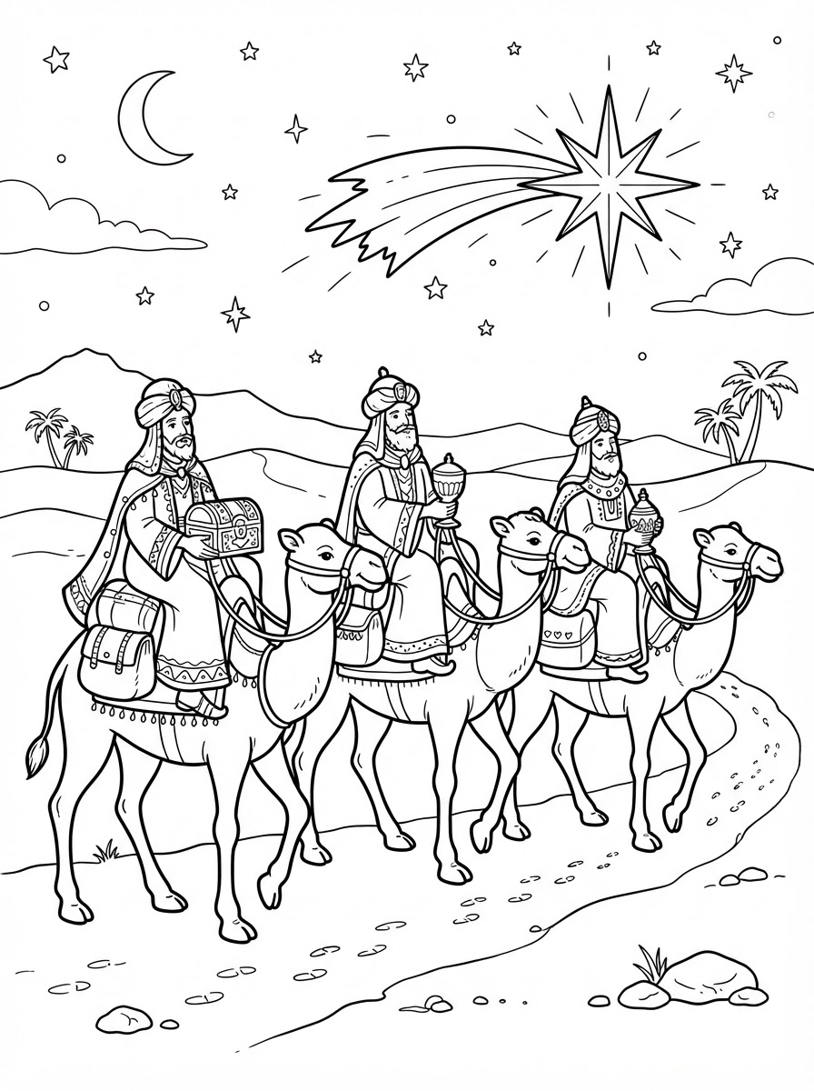 Coloring page: the three wise men following the star