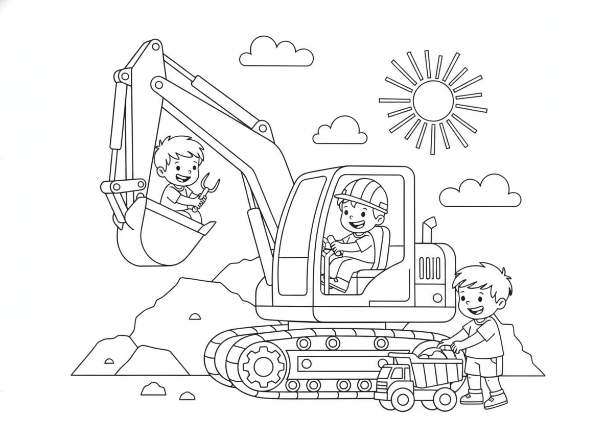 Coloring page: 小朋友在玩挖掘机