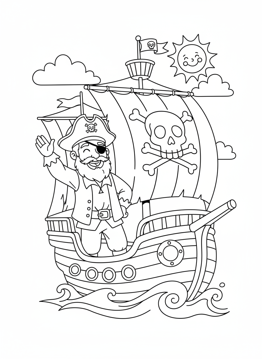 Coloring page: Friendly pirate waving from his ship.