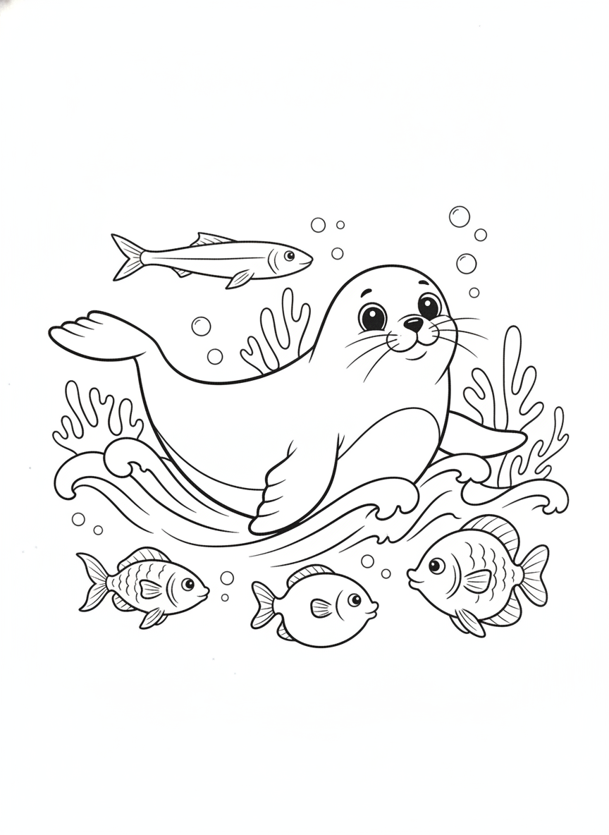 Coloring page: Seal swimming with fish