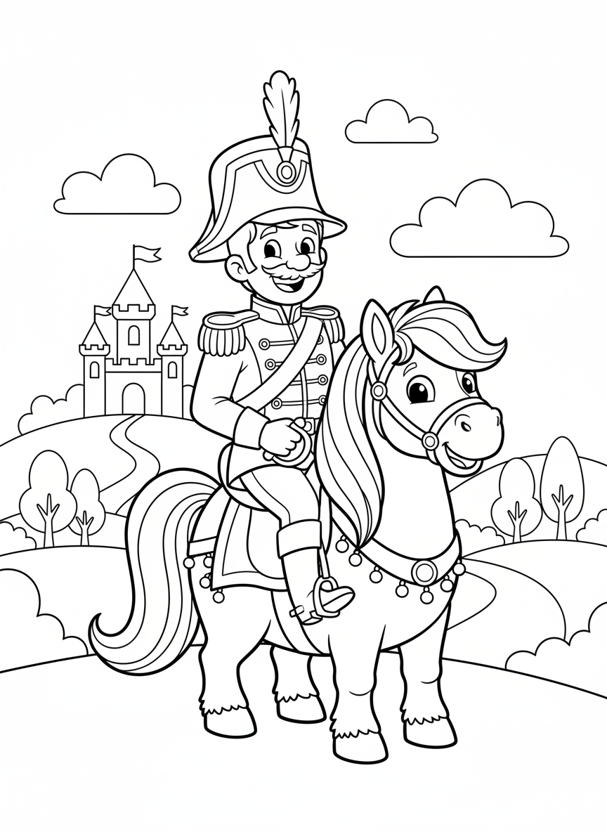 Coloring page: General riding a friendly pony
