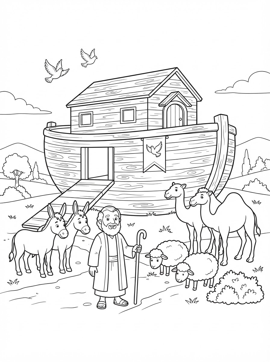 Coloring page: make an ark on land, with Noah, 2 donkeys, 2 birds, 2 sheep, 2 camels