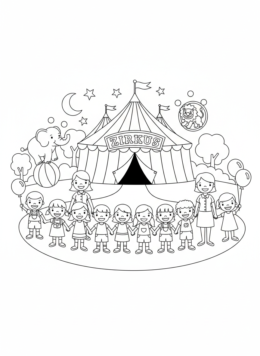 Coloring page: Kindergartengruppe geht in den Zirkus