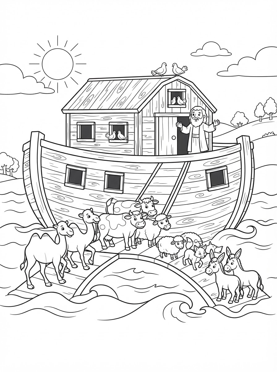 Coloring page: an ark with 2 camels, 2 cows, 2 sheep, 2 foxes, 2 donkeys and Noah