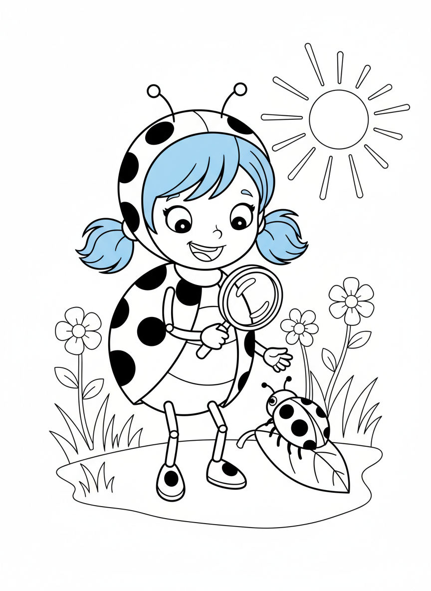 Coloring page: A girl with blue hair I  pigtails with a lady bug suit on