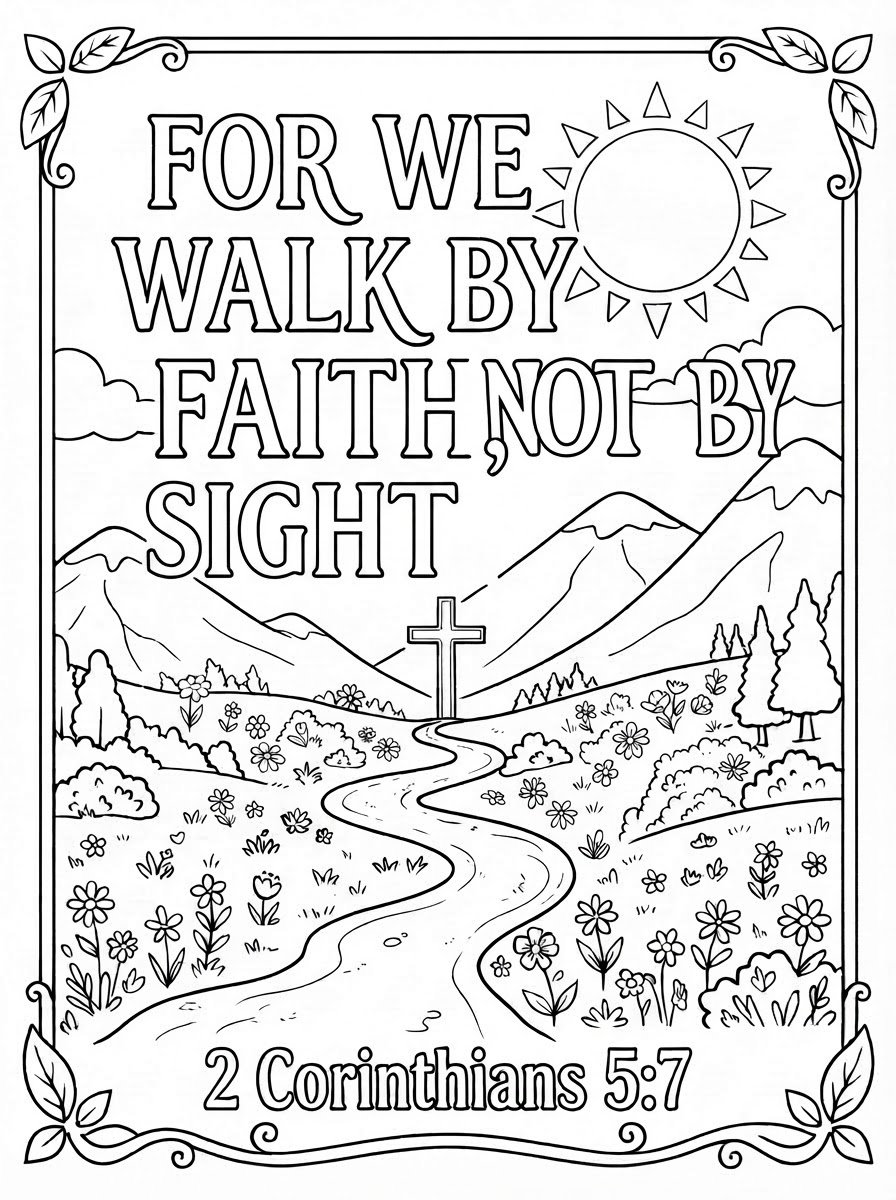 Coloring page: letters to color "For we walk by faith, not by sight" 2 Corinthians 5:7. Mountains, stream, sun (no face), clouds, flowers (edited: no stream, just a path) (edited: no bridge or stream, not a walking path and a cross at the end) (edited: no face on the sun) (edited: add Sight after BY)