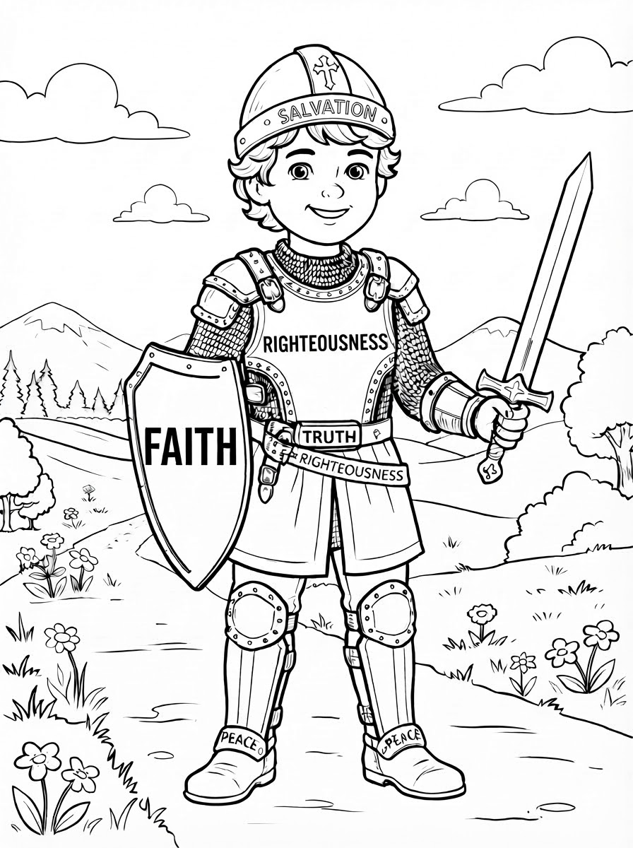 Coloring page: a boy with the whole armour of God on breastplate (edited: remove castle) (edited: can you color this sheet?) (edited: on the shield can you write the wor FAITH?) (edited: on the shield can you remove the lion and write the word FAITH?) (edited: on the shield can you write FAITH in Big letters?) (edited: Can you color this sheet?) (edited: on the breastsplate can you write RIGHTEOUSNESS?)