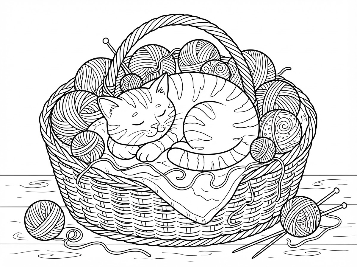 Coloring page: Cat sleeping in a yarn basket