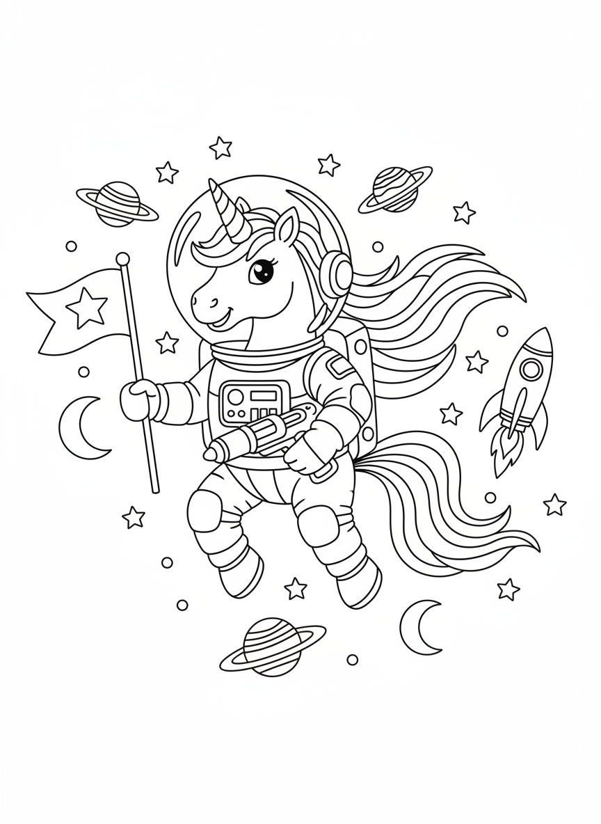 Coloring page: unicorn astronaut floating in space