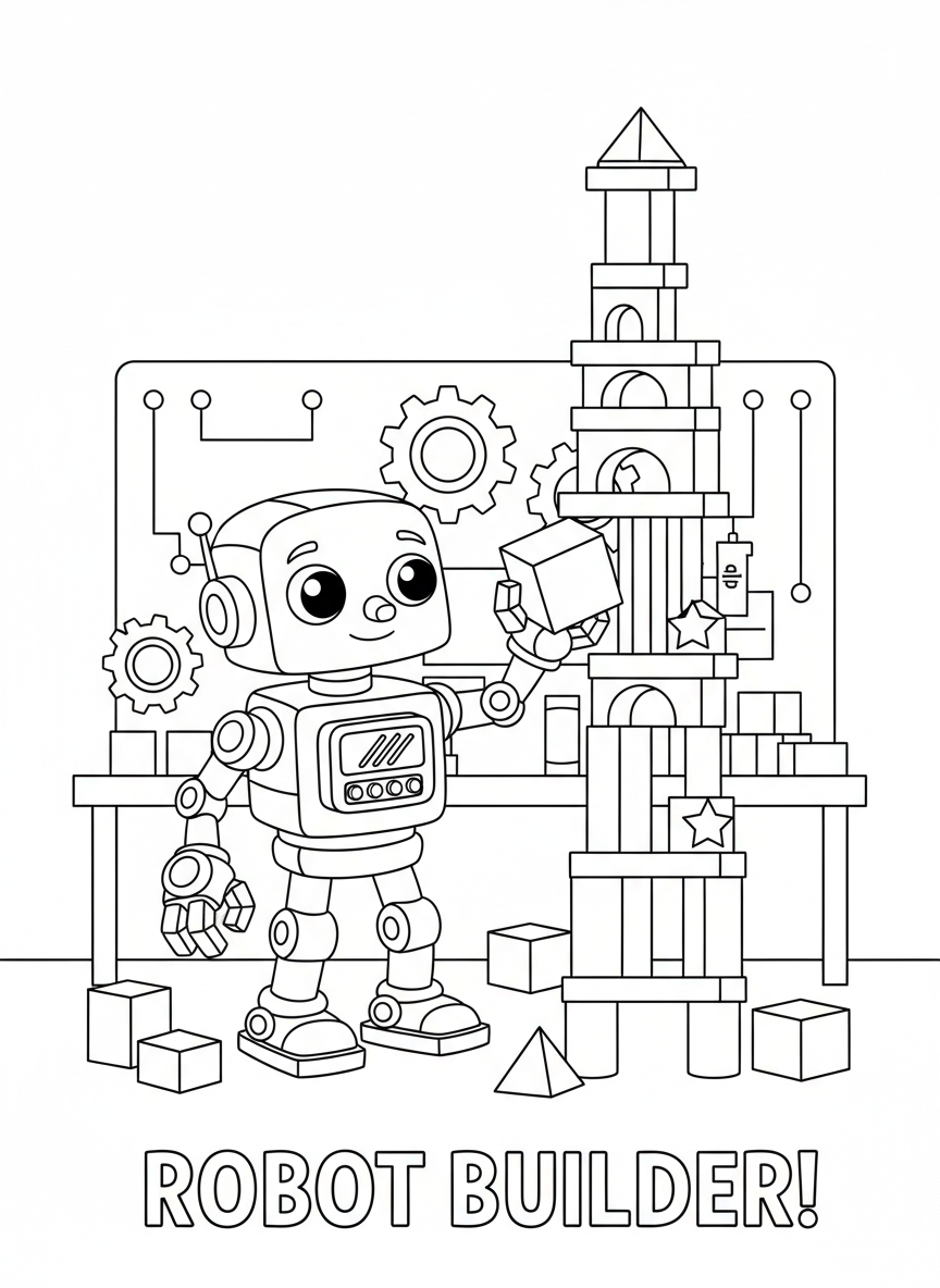 Coloring page: Robot building a tall block tower