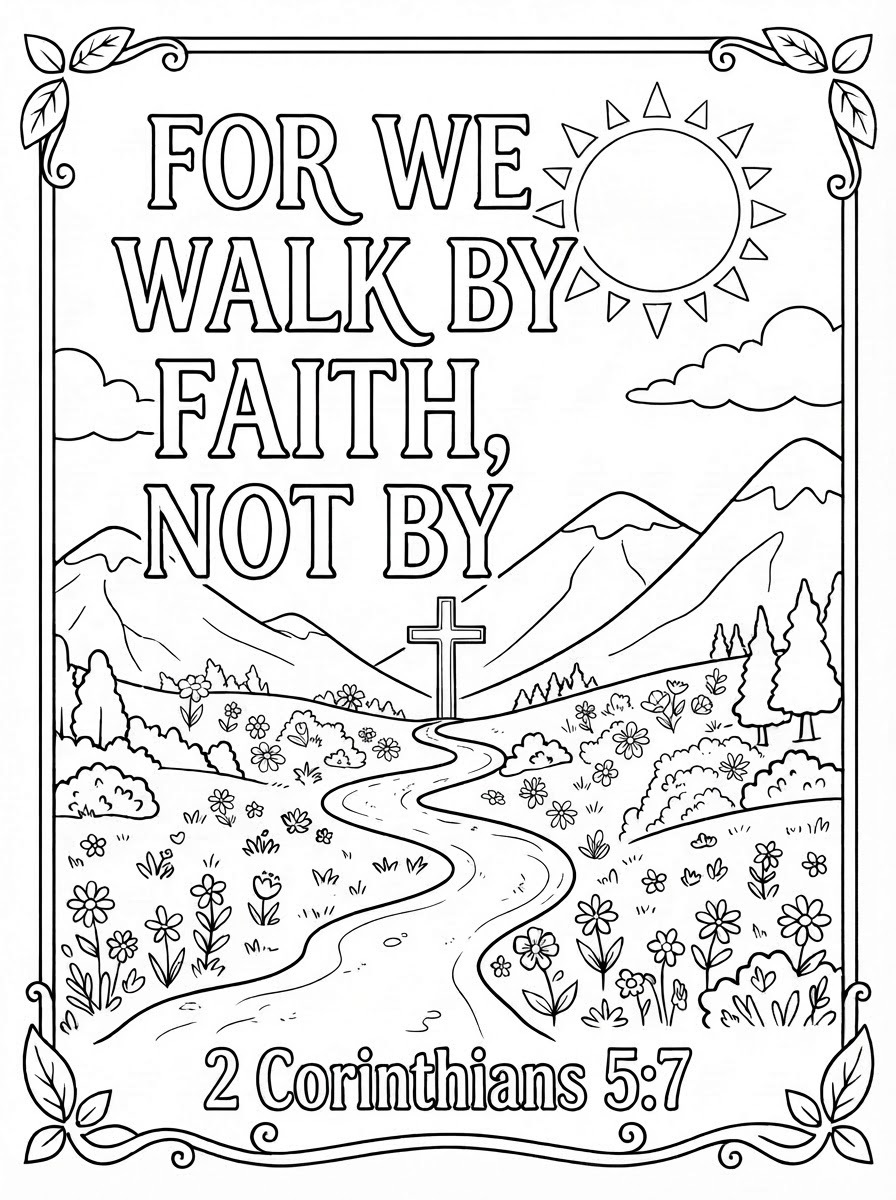 Coloring page: letters to color "For we walk by faith, not by sight" 2 Corinthians 5:7. Mountains, stream, sun (no face), clouds, flowers (edited: no stream, just a path) (edited: no bridge or stream, not a walking path and a cross at the end) (edited: no face on the sun)