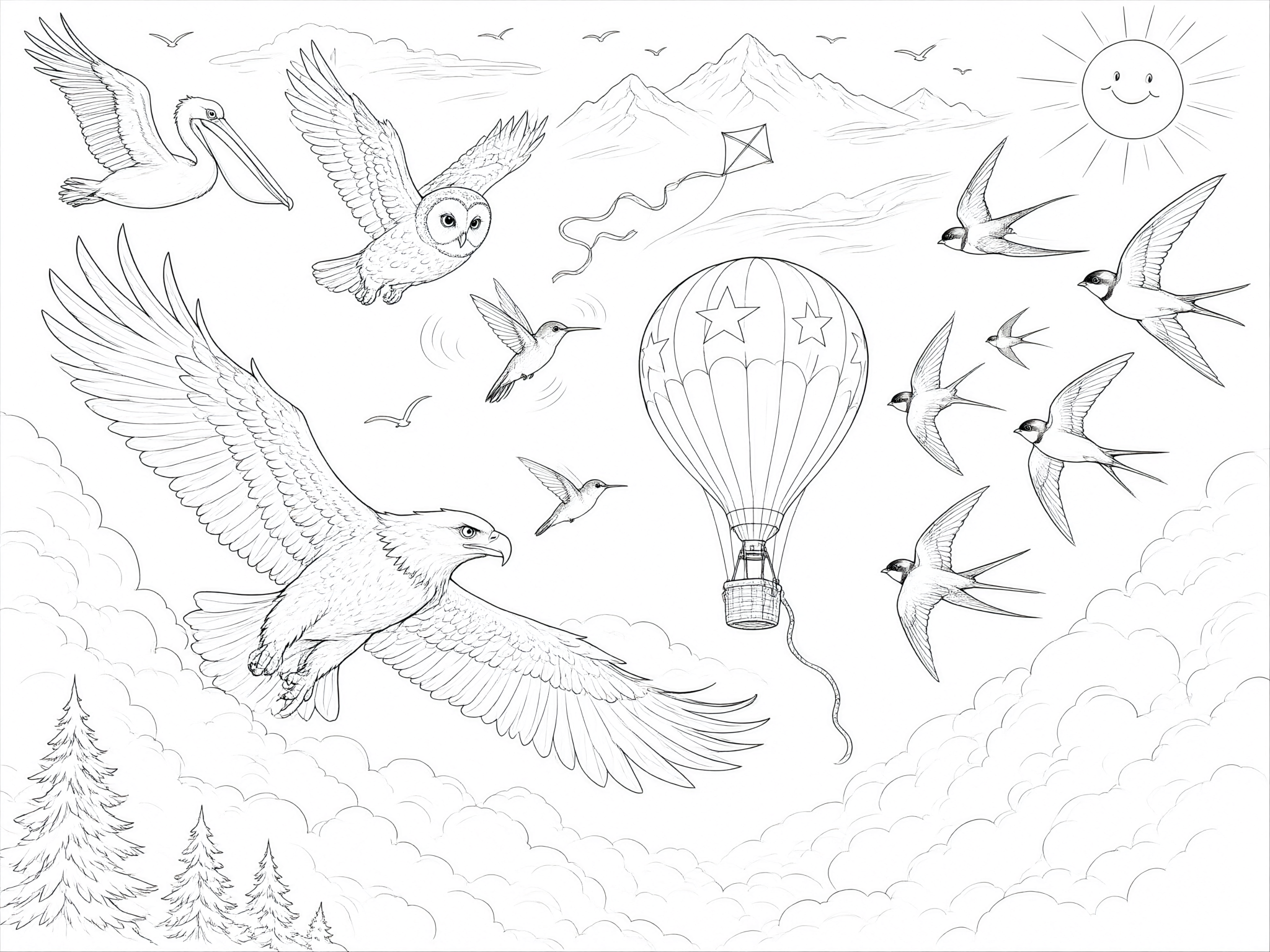Coloring page: Birds flying high in the sky