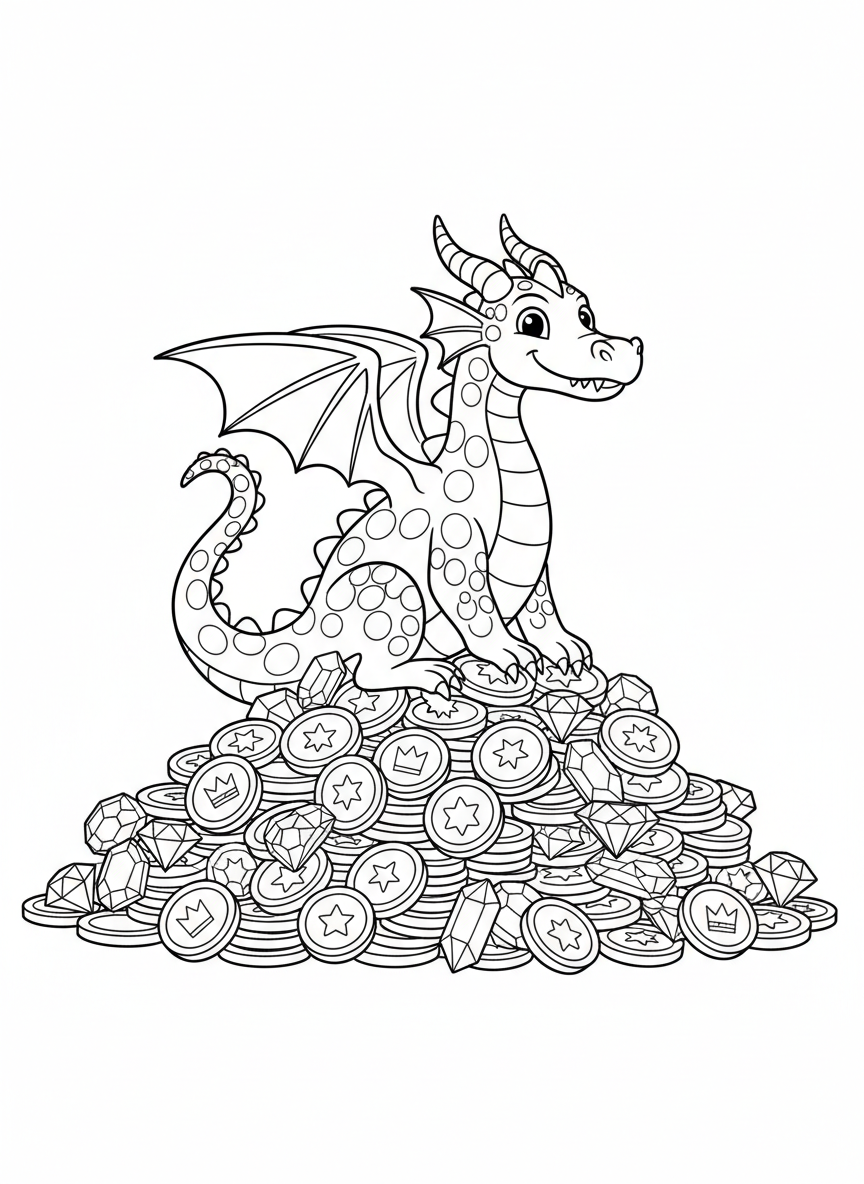 Coloring page: a dragon on a pile of coins and gems
