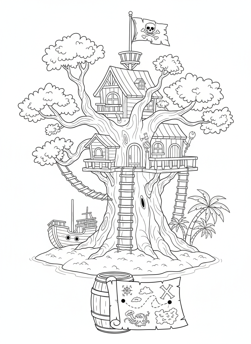 Coloring page: Pirate tree house with a treasure map
