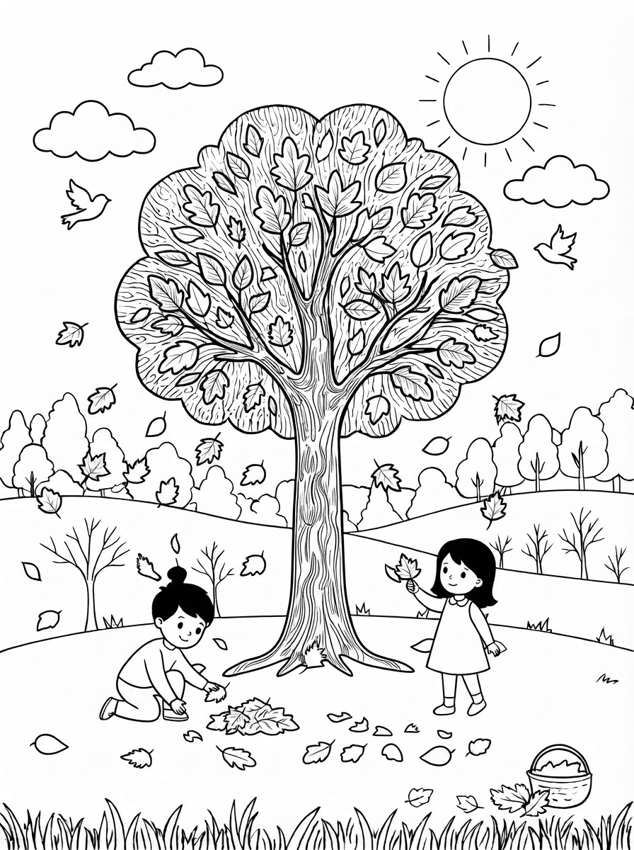 Coloring page: a simple fall tree with leaves falling on the ground, sun with no face, clouds and a few boys and girls (edited: no face on the sun, no house or fence) (edited: can you color this sheet?) (edited: can you color also the grass where the kids are and the tree) (edited: less leaves and grass on the ground and the kids raising their hands) (edited: the boys and girls being happy) (edited: no boys and girls and no pumpkin) (edited: add a couple of birds flying and a boy and girl) (edited: can you color this sheet) (edited: can you color this sheet?)