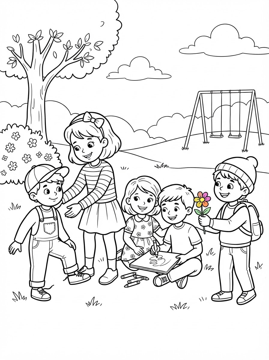 Coloring page: kids being kind one to another