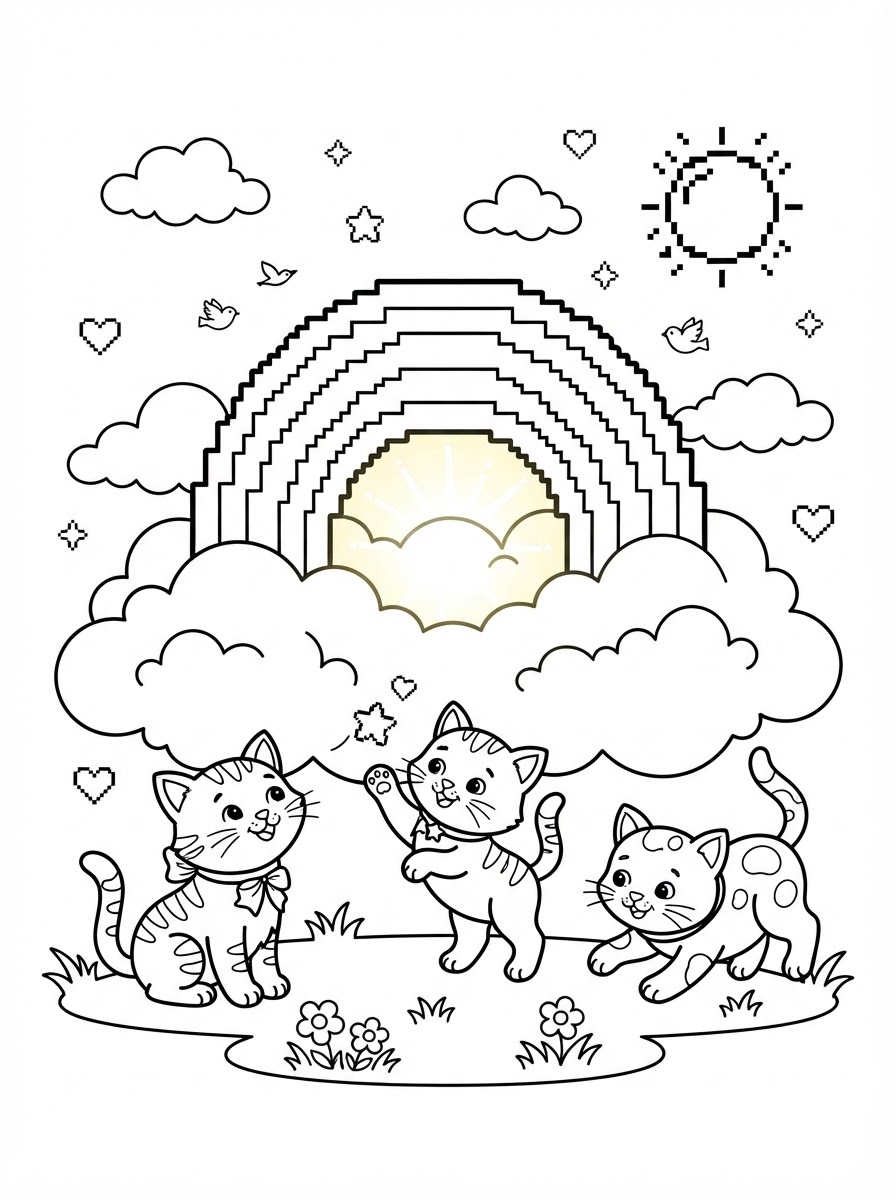 Coloring page: pixel color by number only kittens and  rainbow in a cloud in the sky