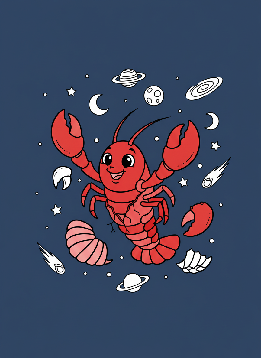 Coloring page: "Molty", A Lobster/Claw molting in space (edited: color it red) (edited: dark blue space background)