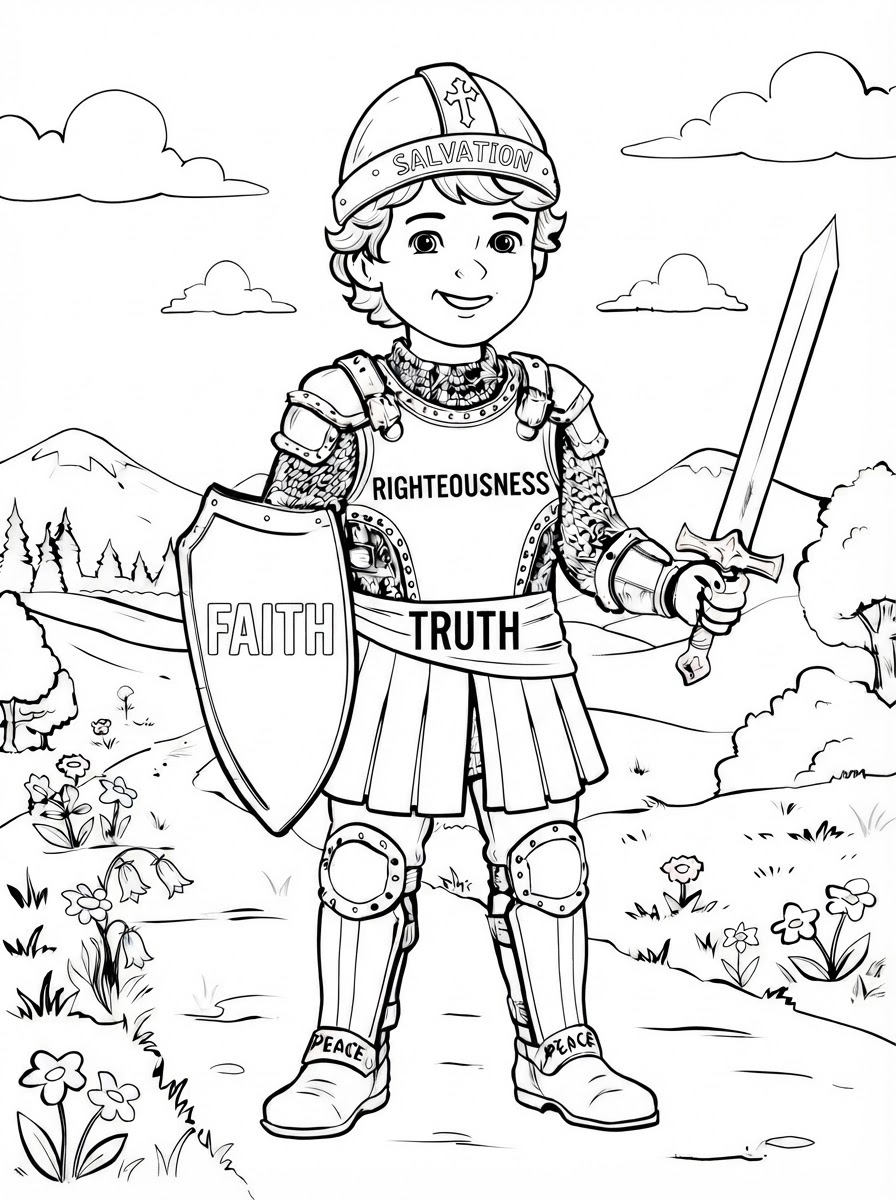 Coloring page: a boy with the whole armour of God on breastplate (edited: remove castle) (edited: can you color this sheet?) (edited: on the shield can you write the wor FAITH?) (edited: on the shield can you remove the lion and write the word FAITH?) (edited: on the shield can you write FAITH in Big letters?) (edited: Can you color this sheet?) (edited: on the breastsplate can you write RIGHTEOUSNESS?) (edited: Can you color this sheet?) (edited: can you remove the belt of RIGHTEOUSNESS?) (edited: can you add the word TRUTH on the belt?) (edited: Can you color this sheet?) (edited: Can you color this sheet?) (edited: can you put FAITH, TRUTH and SALVATION all in black letters?) (edited: can you color this sheet?) (edited: can you color this sheet?) (edited: can you remove the lion and cross on the shield?)