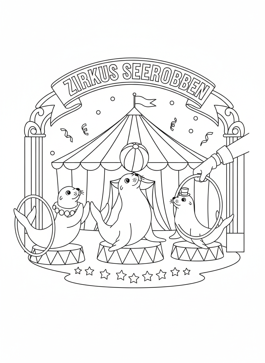 Coloring page: Seerobben im Zirkus