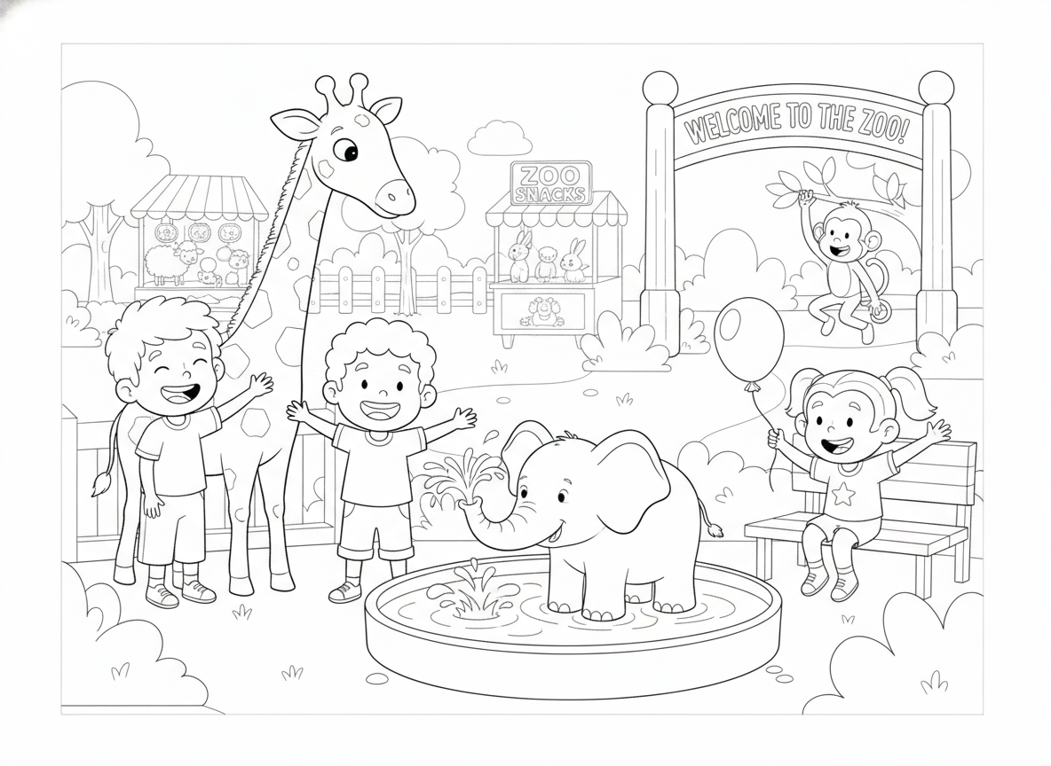 Coloring page: 小朋友在动物园玩耍