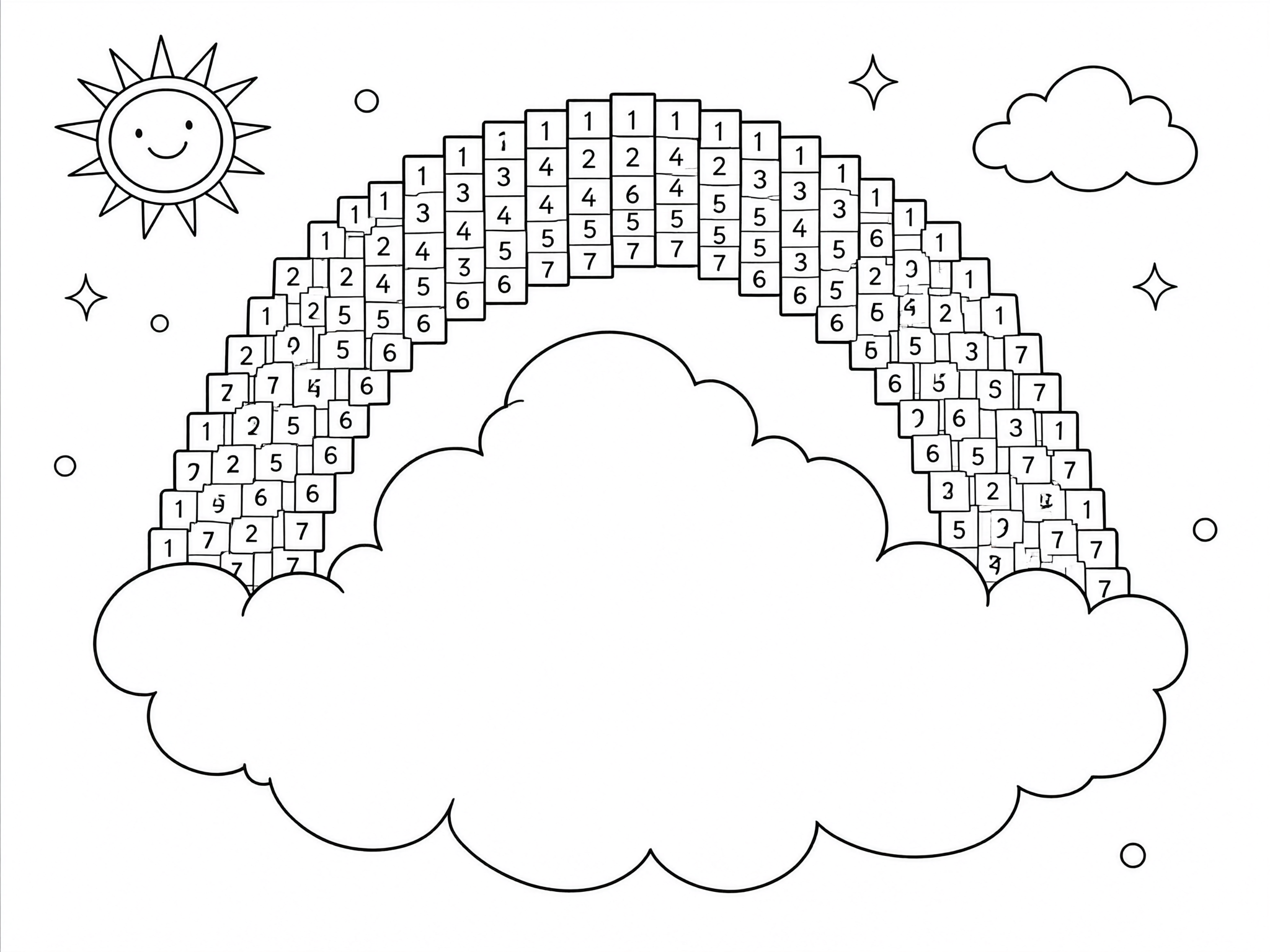 Coloring page: pixel color by number only a rainbow in a cloud in the sky