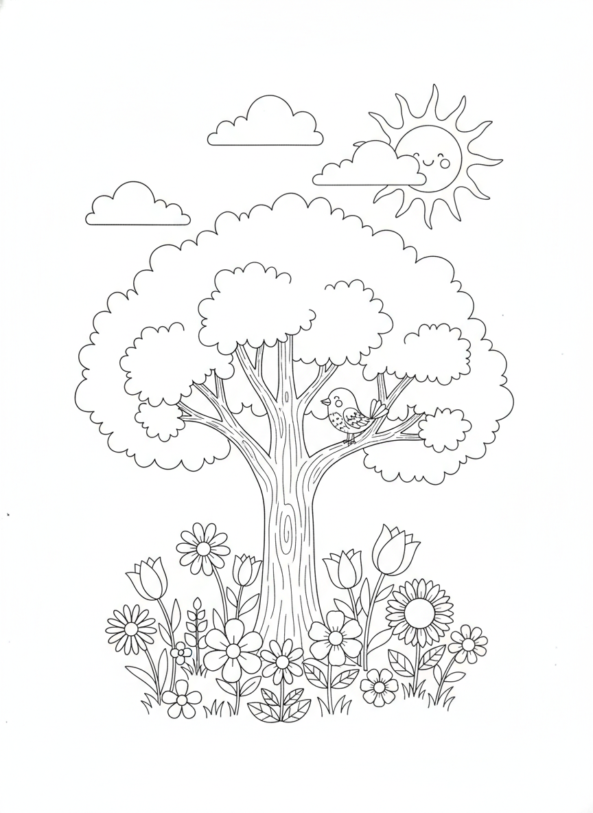 Coloring page: a tree, bird, flowers, clouds and sun