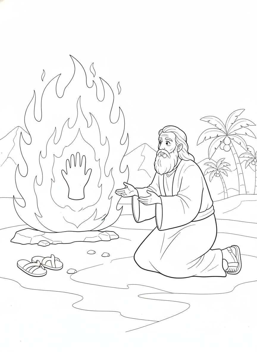 Coloring page: Moses and the burning bush and Moses shoes on the ground