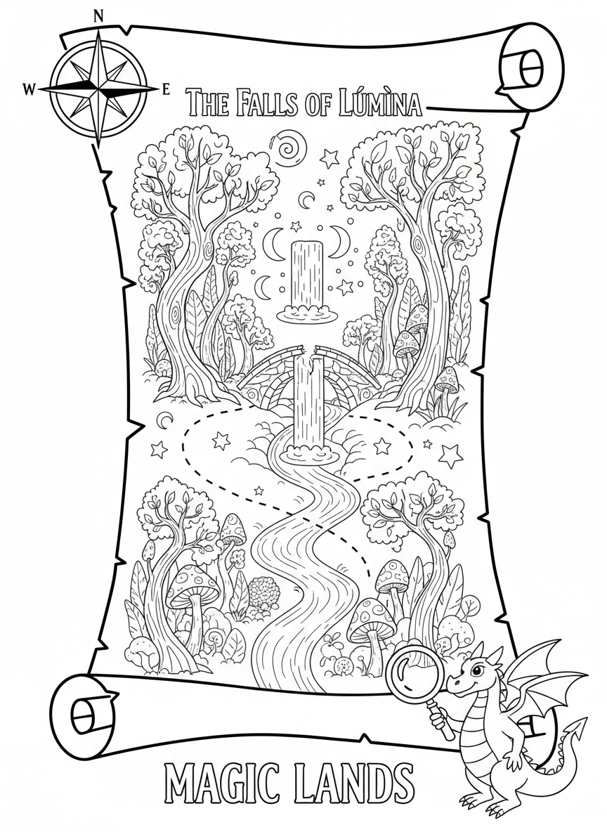 Coloring page: Magic map showing a hidden waterfall.